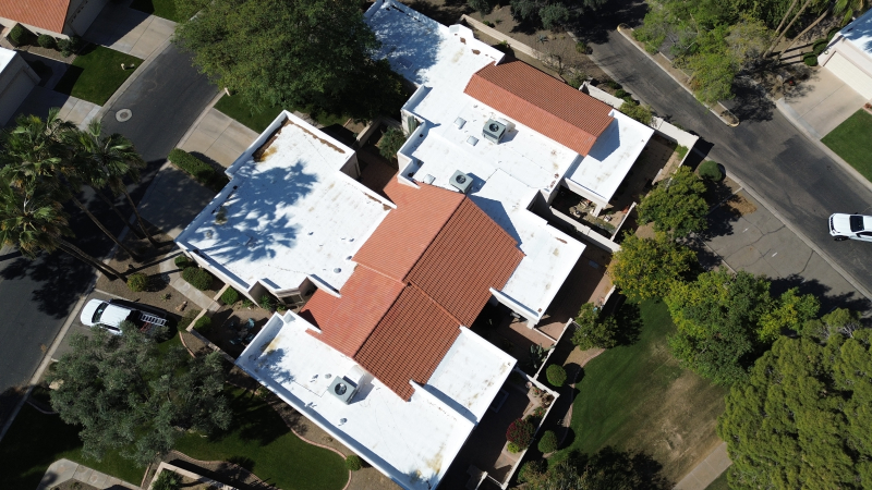 Aerial view of commercial flat roof condo complex in Arizona