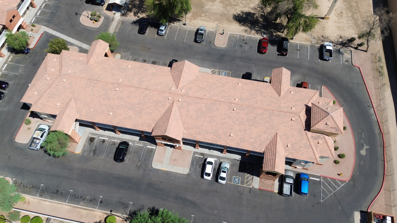 Aerial view of an Arizona commercial building with parking lot