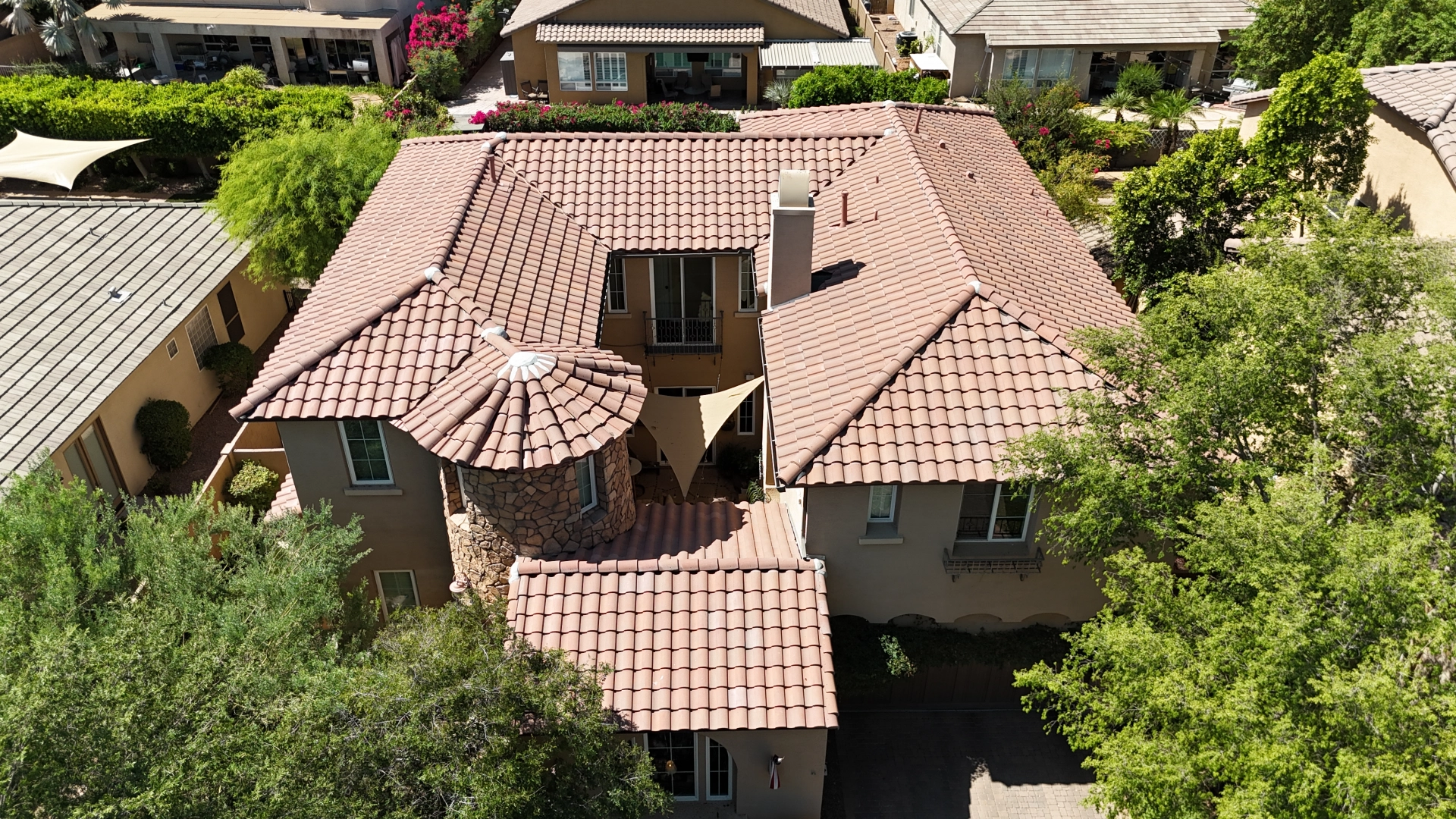 Aerial view of a quality Arizona tile roof by Johnson Roofing
